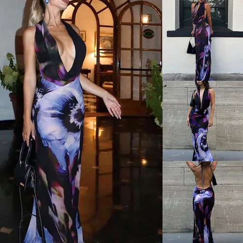 Imagen 1 del producto Vestido de noche Sexy sin mangas para mujer, cuello en V, cintura alta, Halter, fiesta, cóctel, Maxi vestido, corsé estampado elegante, moda