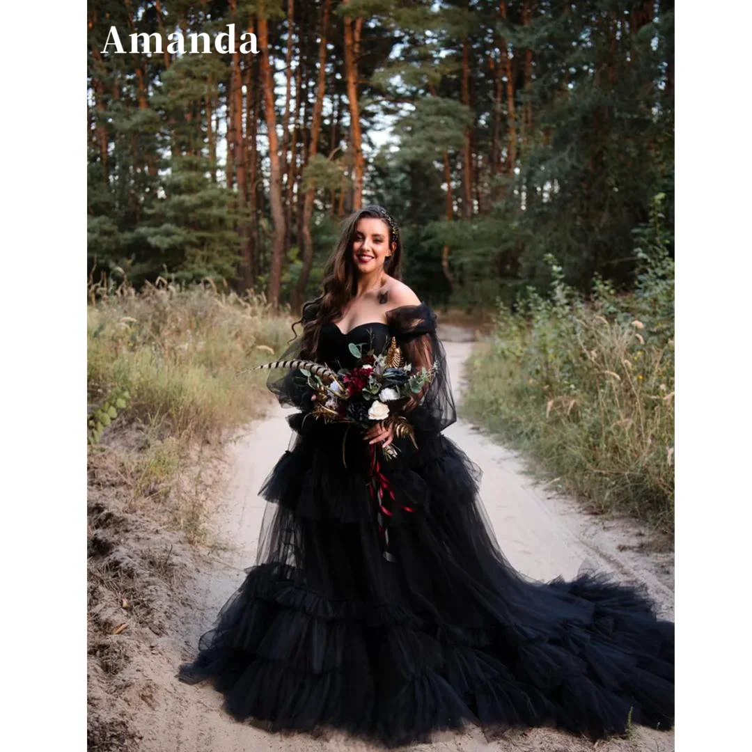 

Amanda Gothic Black Puffy Sleeve Vestido De Novia Sweep Train Tulle Prom Dress 2024 Black Wedding Dress