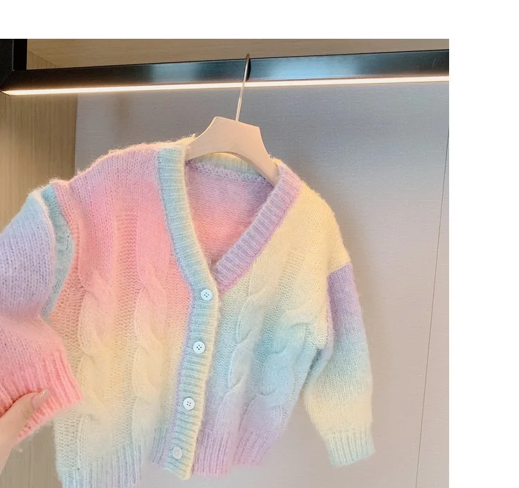 New Girl 2023 Cardigan sfumato maglieria bambini autunno dolce Kawaii arcobaleno cappotto bambini coreano Button Down camicia Cardigen TP153