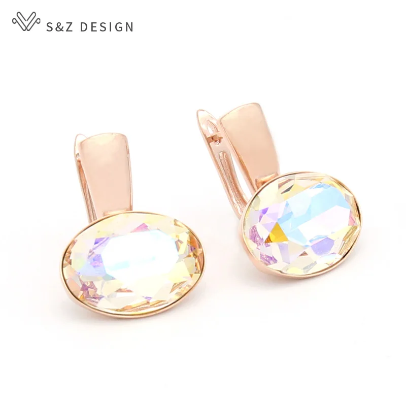 S&Z DESIGN New Fashion Elegant Luxury Oval Crystal Dangle Earrings For Women Wedding Party Jewelry 585 Rose Gold Color Eardrop