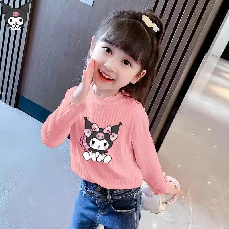 Kawaii الكرتون فتاة Kuromi بأكمام طويلة تي شيرت أنيمي سانريو جديد الربيع والخريف نصف سلحفاة الرقبة تنوعا قاعدة قميص عادية