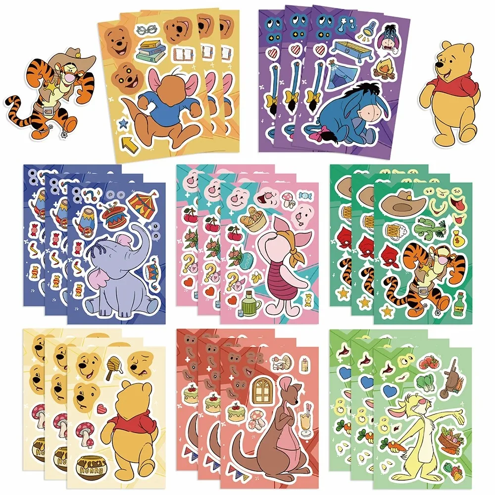 16 feuilles d'autocollants puzzle Disney Winnie l'ourson pour créer des visages, amusants pour enfants, à assembler, pour papeterie, jouets DIY et activités créatives