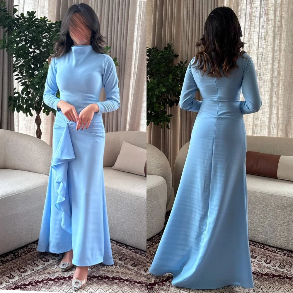   Jersey Pleat Draped Ruched Engagement A-line High Collar Bespoke Occasion Gown Long Sleeve Dresses