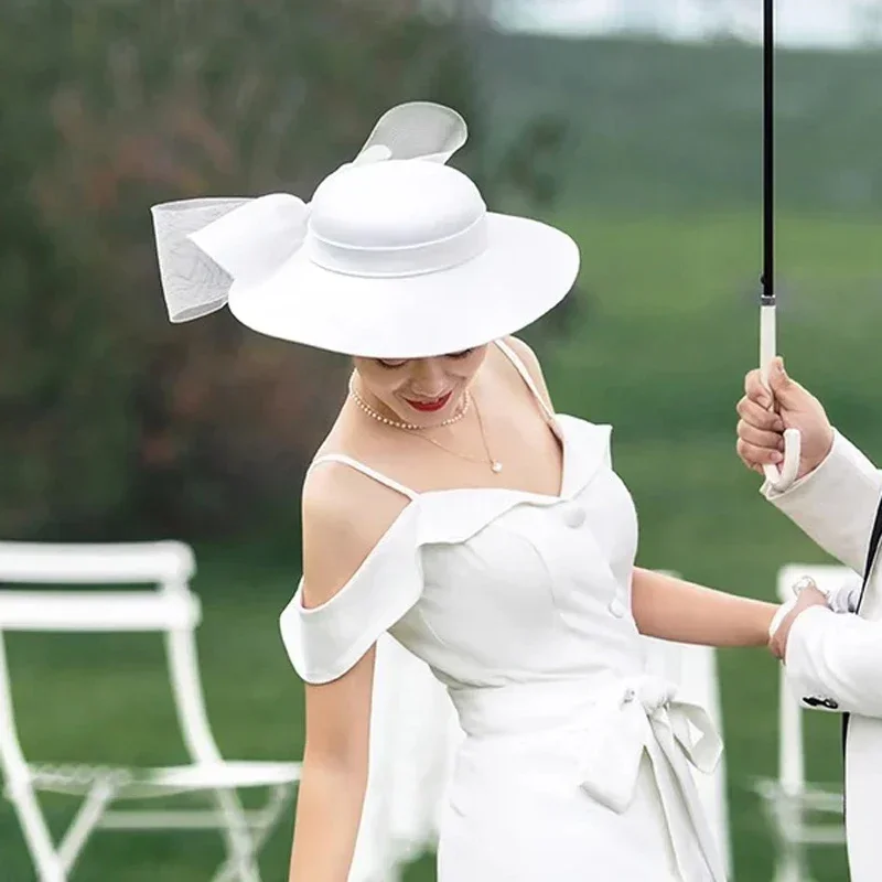 2025 الفرنسية Bownot الساتان أفضل قبعة المرأة مأدبة الفاسناتور العروس الزفاف قبعة فيدورا سوداء #2