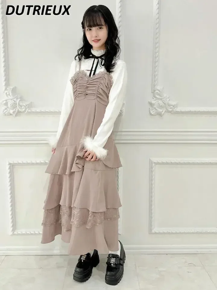 Japonês nova fada bolo sem costas vestido longo doce e bonito menina cintura cor sólida elegante plissado borda em camadas suspender vestidos