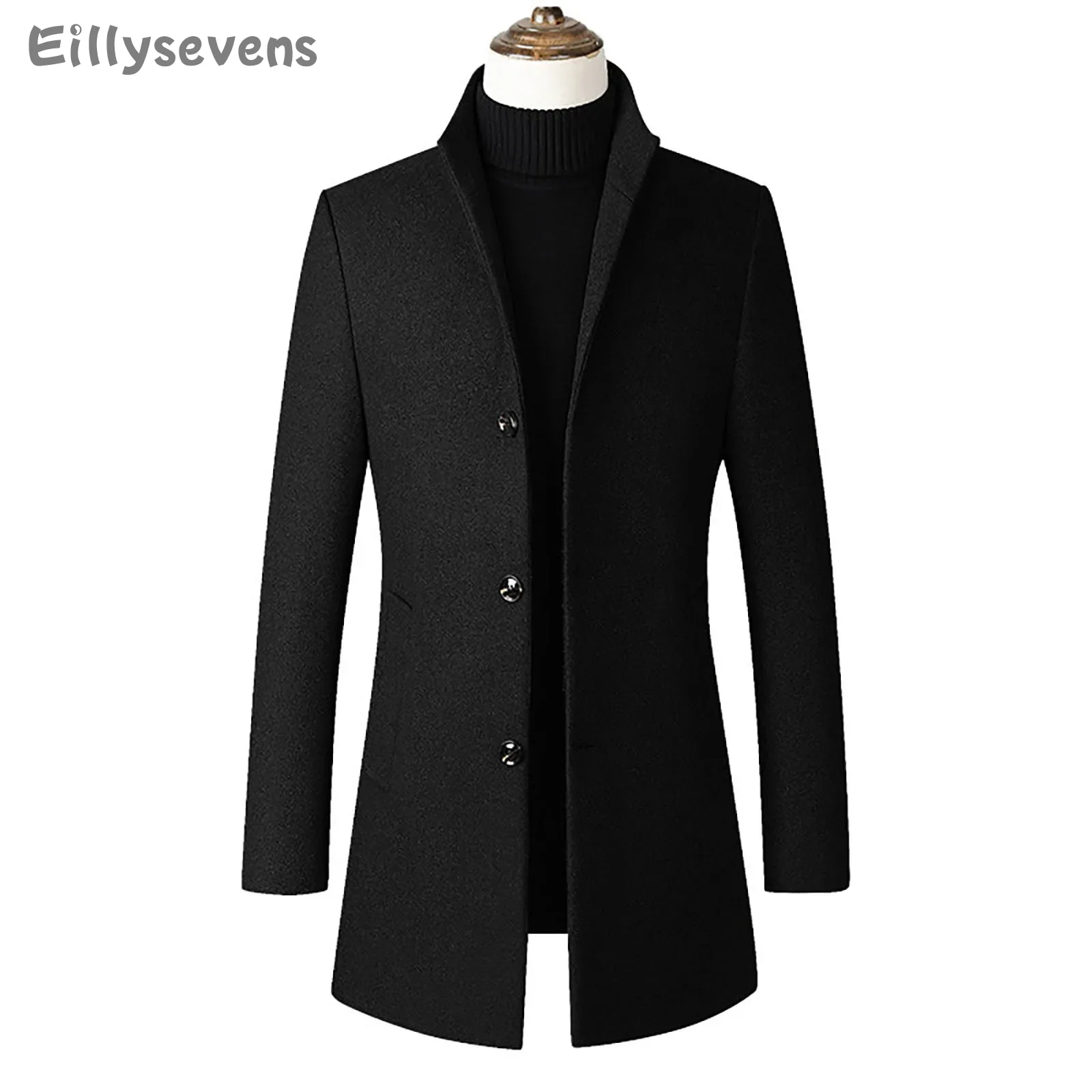 

Men'S Mid-Length Slim Woolen Coat Fashionable Stand-Up Collar Solid Color Coat Comfortable Soft Warm Outwear Abrigo Hombre