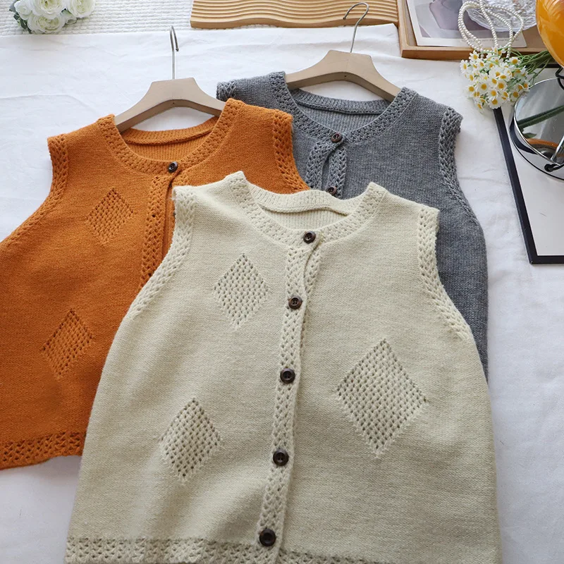 

Retro Diamond Pattern Open Cardigan Knitted Vest Women's round Ne Loose oulder Design Casual Sle Early Spring New Model
