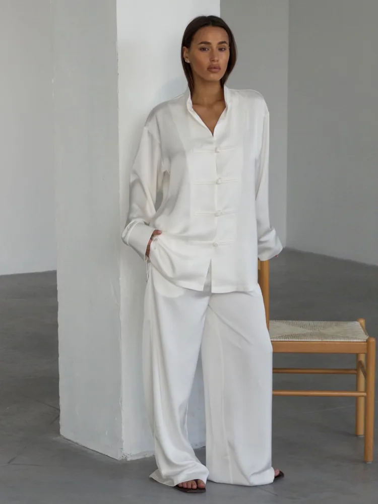 DFDG Women 2026 Spring Summer Chinese Style Two Piece Satin Frog Button Blazer High Waist Wide Leg Pants Casual Loungewear Set