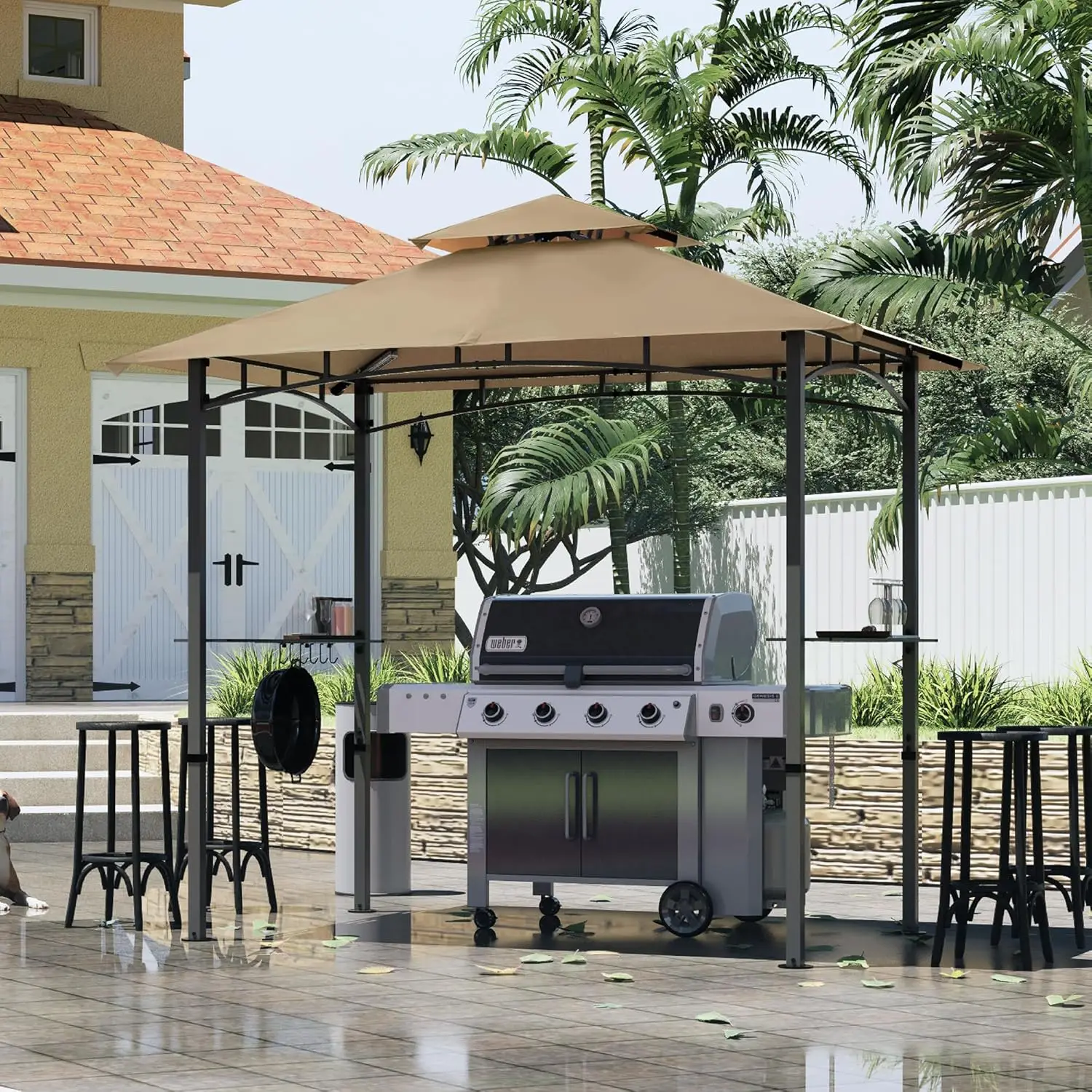 

8 x 5 Grill Gazebo Outdoor BBQ Gazebo Canopy with 2 LED Lights (Khaki)