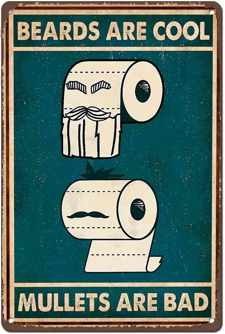 Graman Vintage Wall Decor Funny Bathroom Poster,Beards are Cool Mullets are Bad,Toilet Paper Art Prints,Gift for Hairdresser,Hai