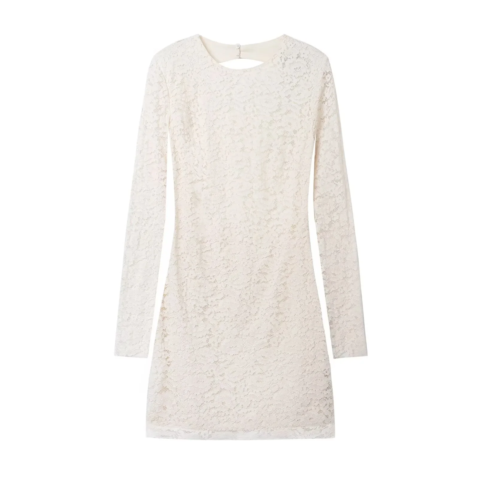 2025 가을 신상품 여성 캐주얼 패션 슬림핏 긴팔 섹시한 백리스 레이스 미니 드레스