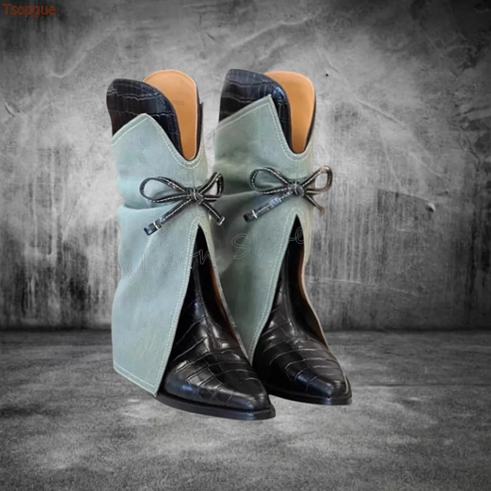 

Blue Pointed Toe Bow knot Decor Trouser Boots Matte Leather High Heel Shoes for Women Fashion Heels 2025 New Zapatos Para Mujere