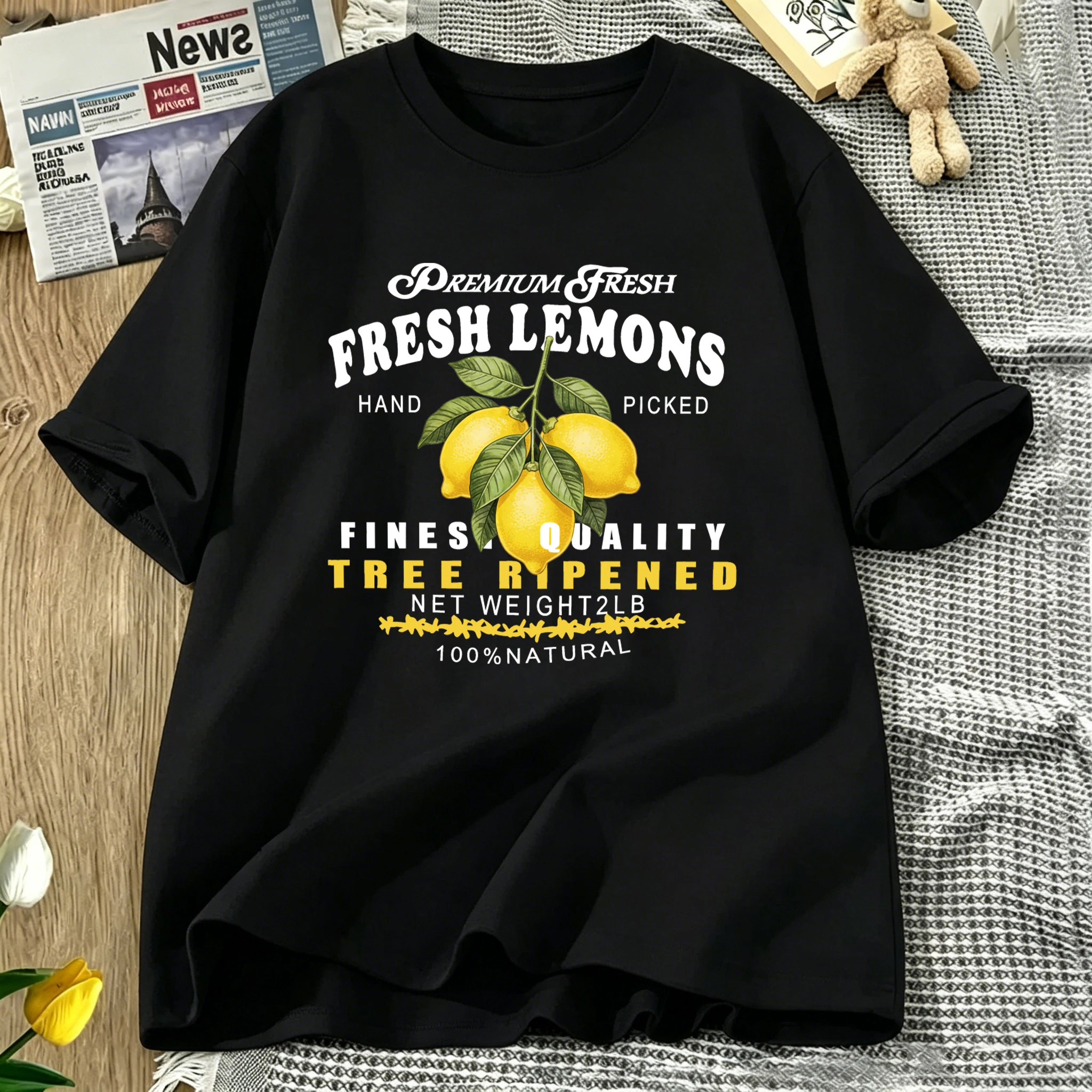 Hand Picked Fresh Fruit Lemons Prints Woman T-Shirt Cotton Breathable T Shirt Crewneck Summer Short Sleeves Loose Y2K Streetwear