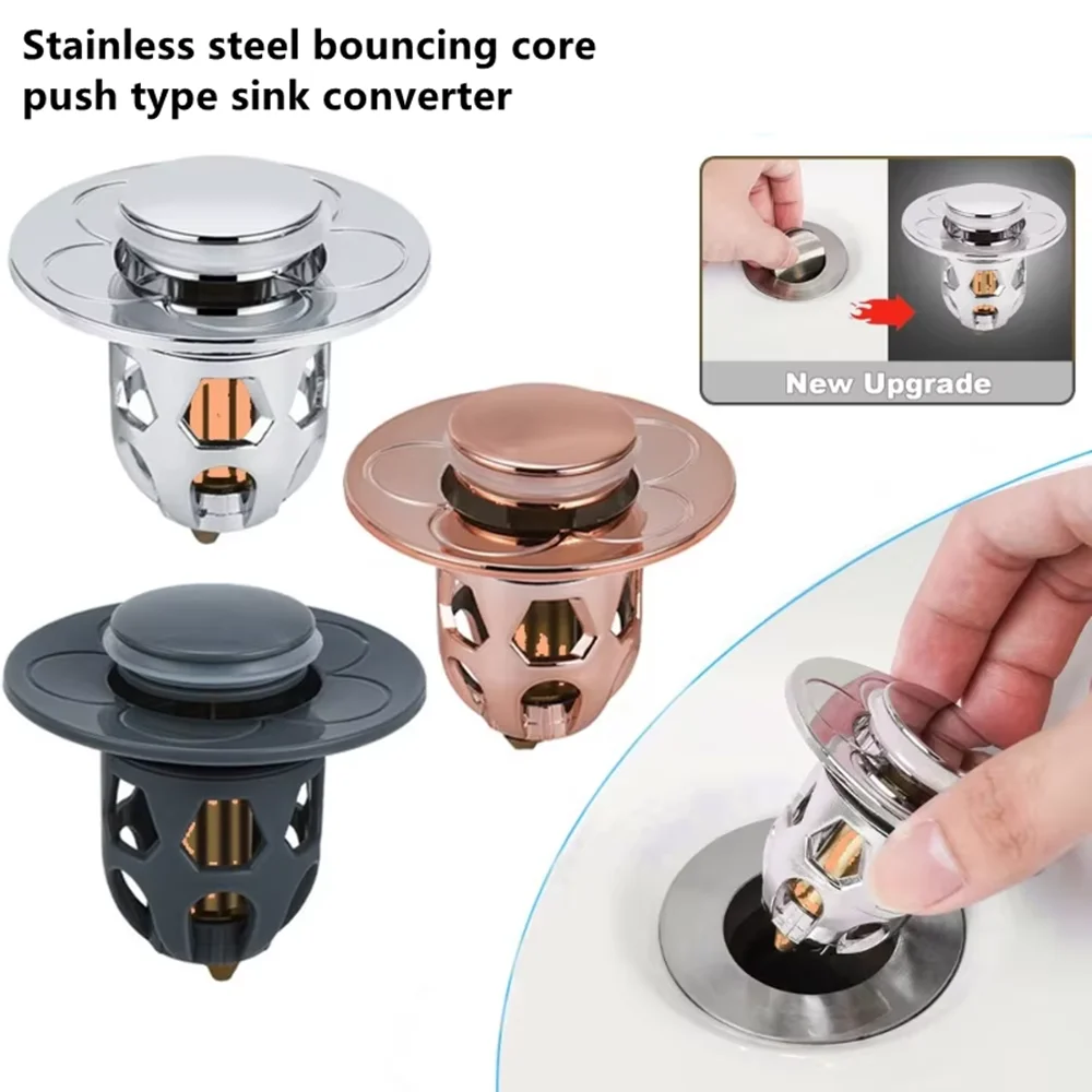 

Universal Rebound Drain Plug Filter Basin Pop-up Chrome Sink Filter with Hair Catcher Bathroom Sink Drain Stopper Easy Push Type