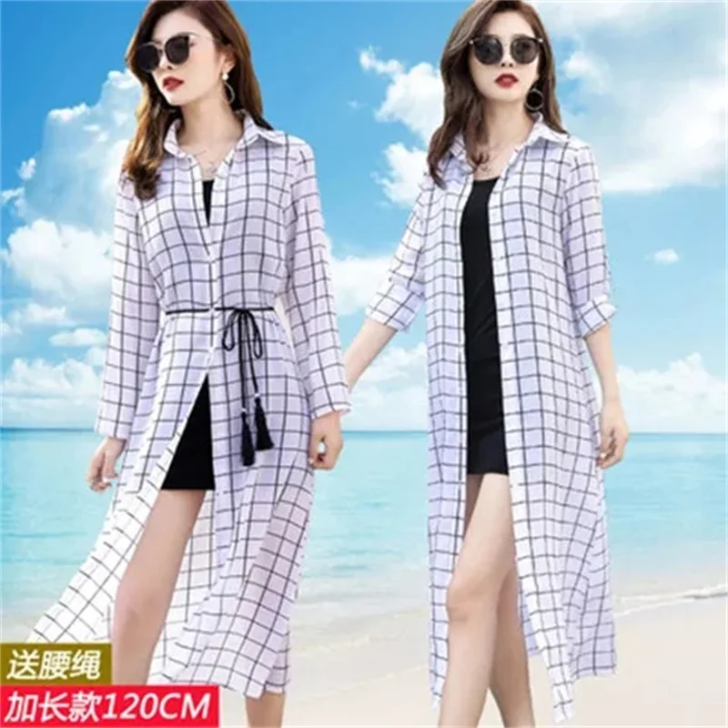 2023 Summer Cardigan Thin Sunscreen Clothing Add-Long Shawl With Beach Coat Woman Print Shirt Female Lace-Up Windbreaker White