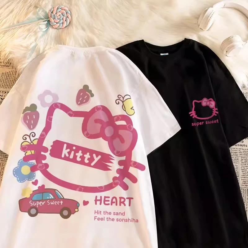 Kawaii Sanrio Hello Kitty karikatür Y2K T Shirt kız sevimli Anime Kitty kedi Harajuku Ullzang T-shirt grafik Streetwear Tshirt kadınlar