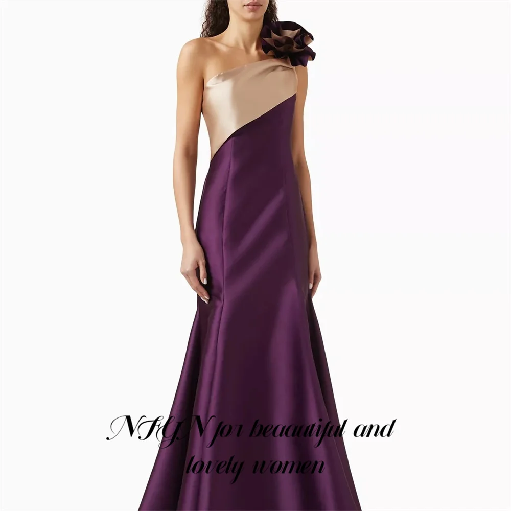 

NFYN Purple Sleeveless Evening Dresses One Shoulder Mermaid Party Dresses Satin Prom Gown with Flower robes du soir Customized