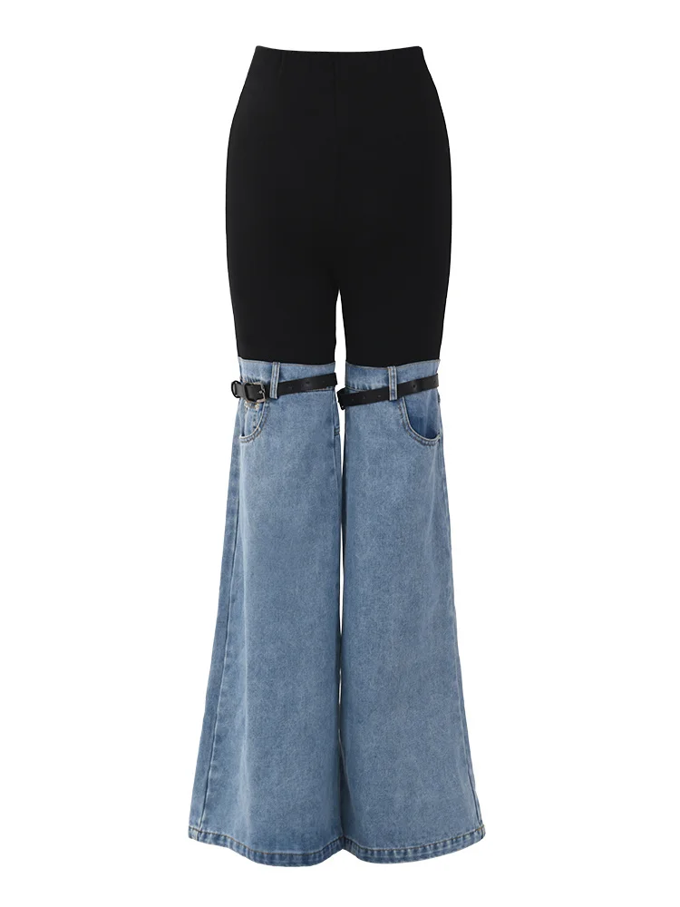 High Waist Blue Color-block Denim Long Wide Leg Jeans New Loose Women Trousers Fashion Tide Spring Autumn 2023