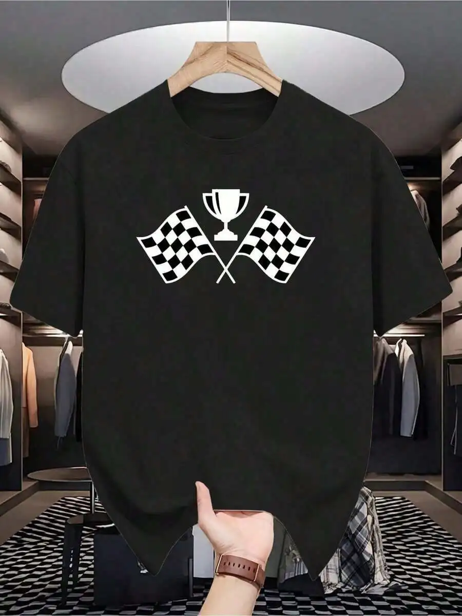 

Men Short Sleeve Graphic Tee With Checkered Flags And Trophy Print Casual Round Neck T-Shirt