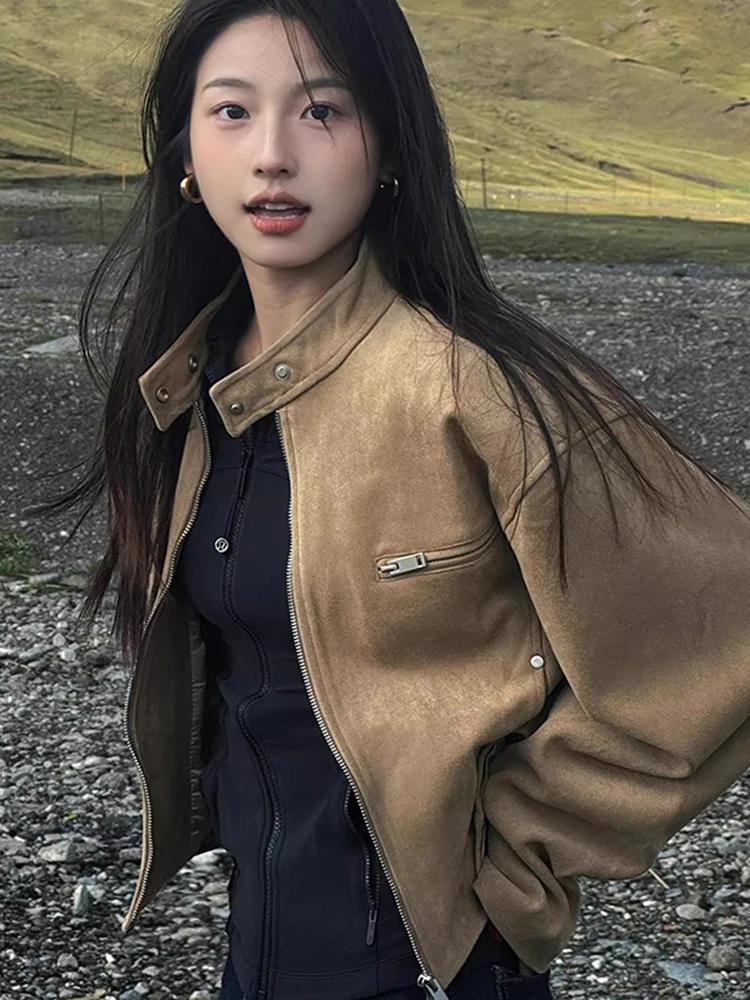 Giacca in Pelle Scamosciata Marrone per Donna, Stile Motociclista, Primavera-Autunno, Imbottita, Vestibilità Comoda, Cappotto Lungo per Giovani Donne