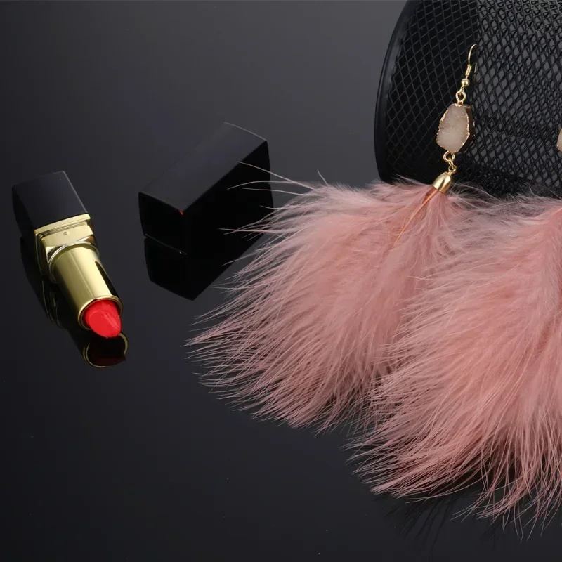 Winter Long Crystal Pink Feather Earrings Large Plush Pendant Tassel Drop Earrings for Women 2023 Trendy Boho Wedding Jewelry