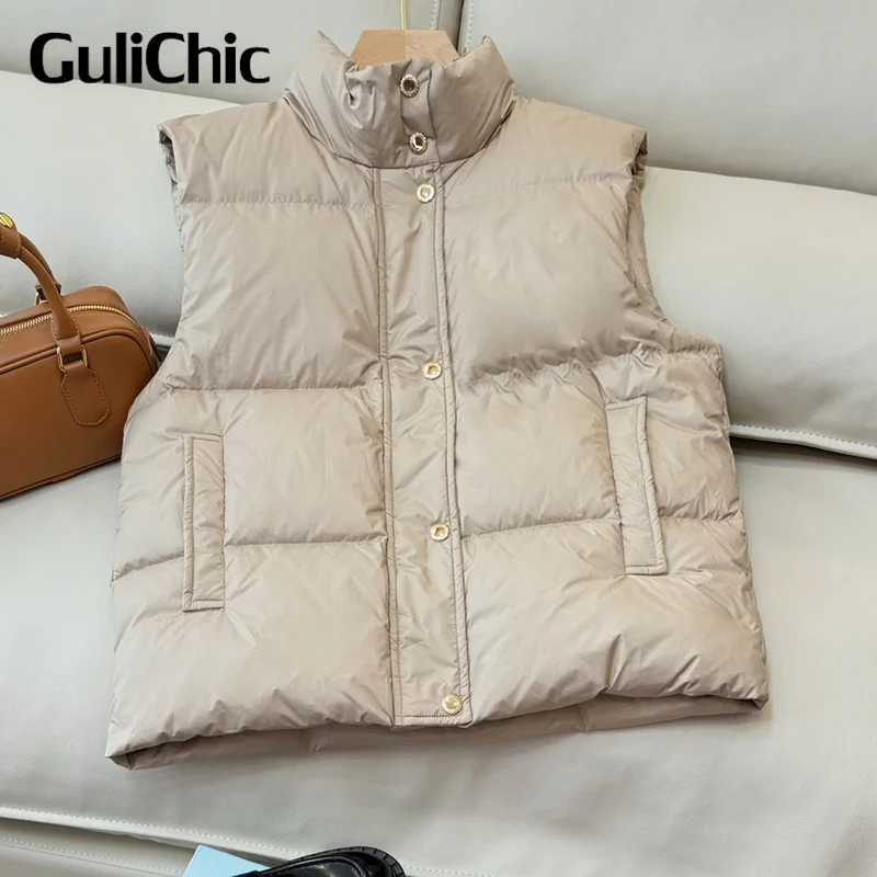 

9.11 GuliChic Women's Autumn Winter Embroidery Stand Collar Pocket Down Jacket Casual Keep Warm Sleeveless Vest Outwear