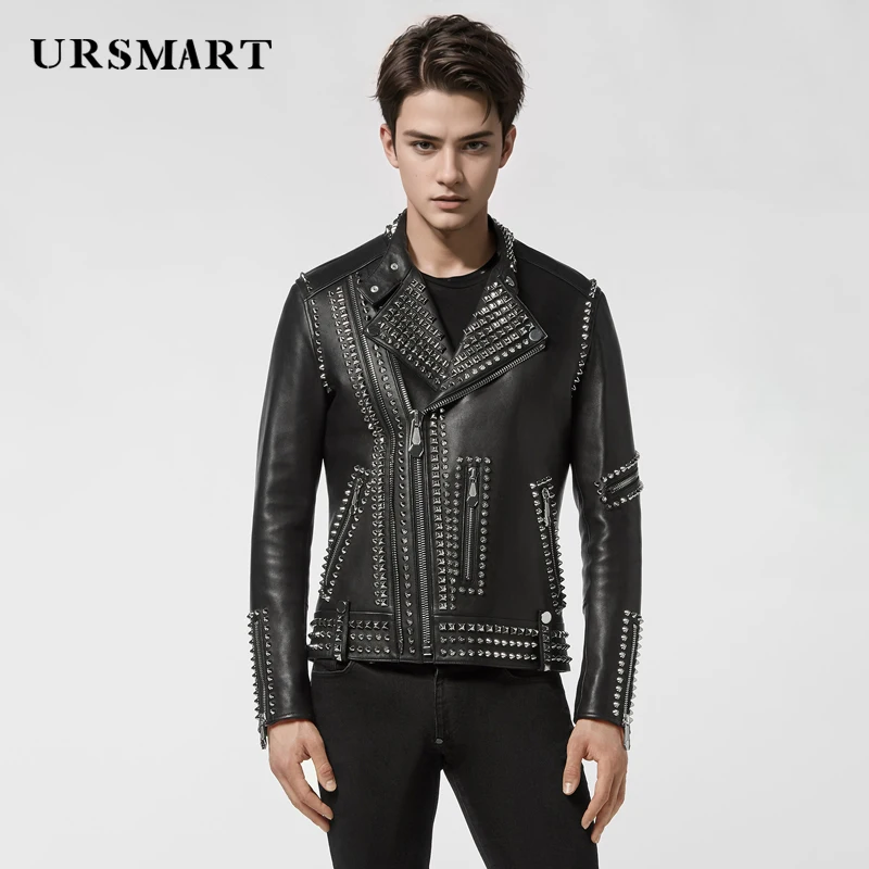 Cowhide jacket men\'s fashion trend rivet genuine leather motorcycle suit high-quality customized black sheepskin jacket for men