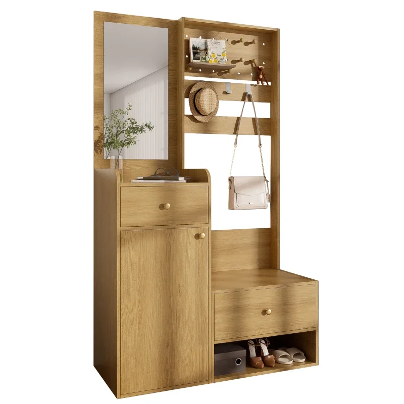 Armoire compacte, étagère d'entrée multifonctionnelle moderne – rangement élégant couleur bois avec miroir, crochets réglables et étagères spacieuses pour chaussures, manteaux et petits objets, 105 cm