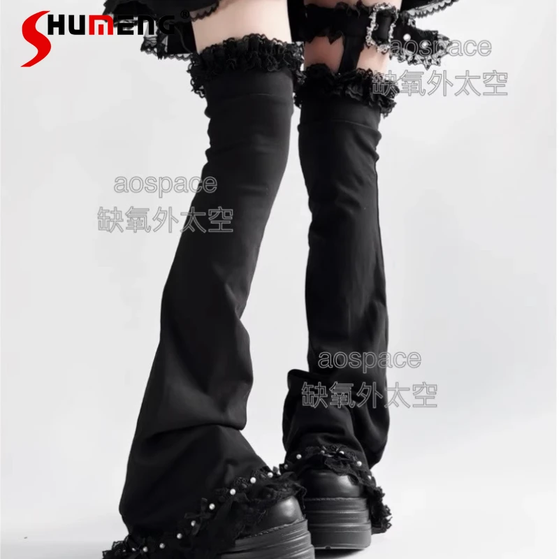 

Japanese Rojita Hosiery Autumn New Original Solid Color Subculture Single Leg Ring Lace Edge Flared Over-the-Knee Leg Warmers