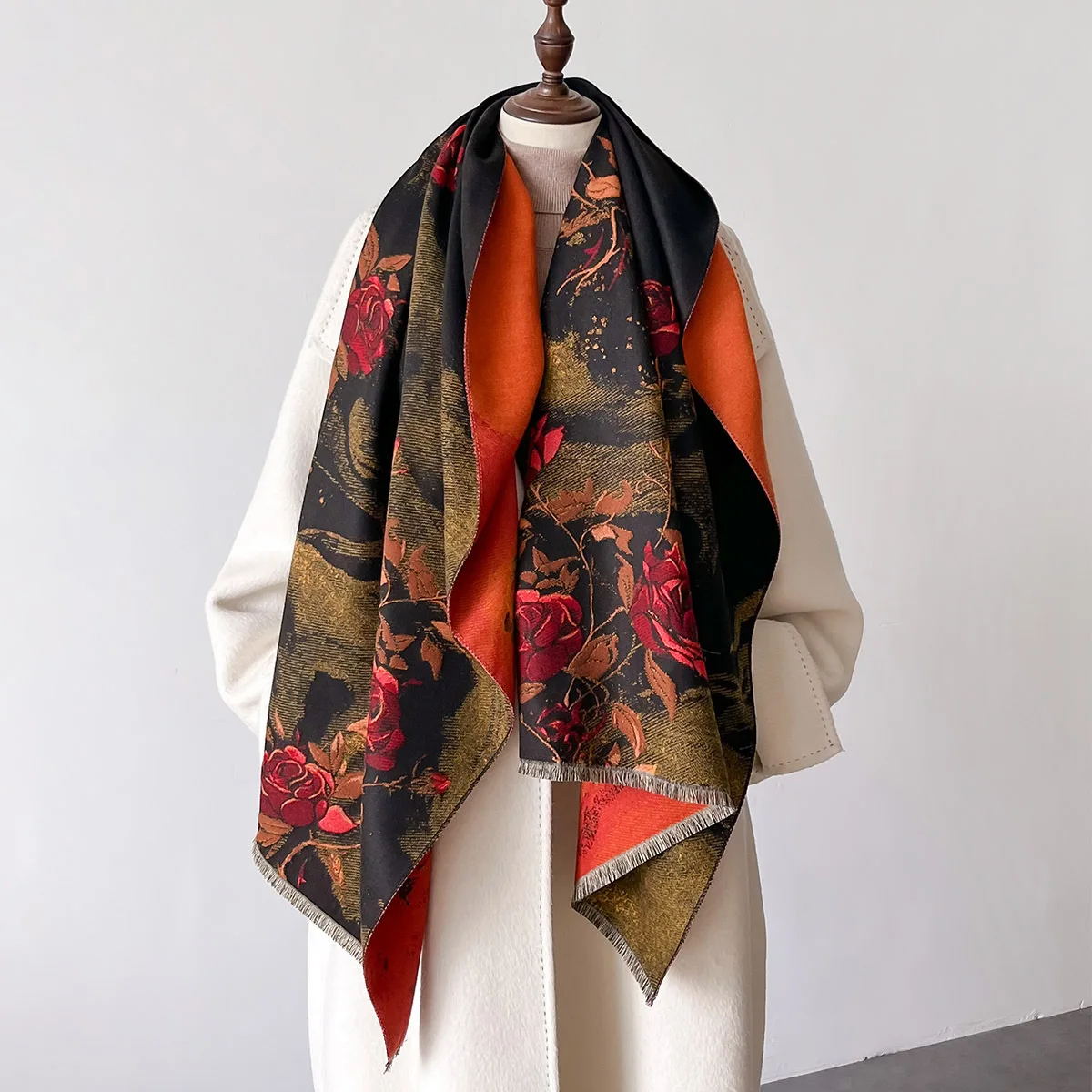 Winter Scarf Women Cashmere Poncho Warm Pashmina Floral Female Scarves Wraps Thick Soft Bufanda Big Tassels Shawl Long Stole