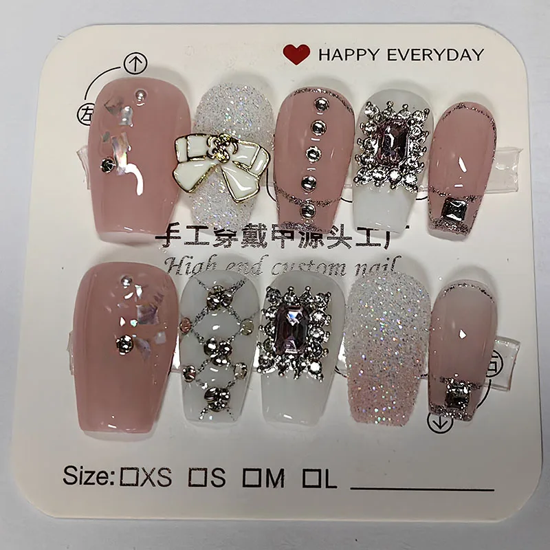 10Pcs Pink Handmade Press On Nails Short Glitter French Fake Nails Full Cover 3D Diamond Butterfly Design Wearable Nail Tips Art