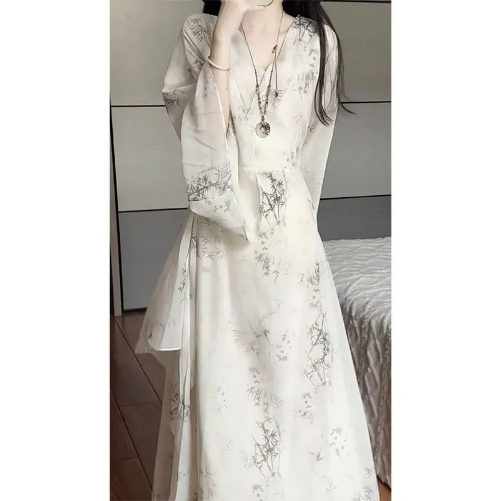 Vestido chinês estampado com bambu estilo antigo elegante primavera e outono roupas femininas vintage de alta qualidade