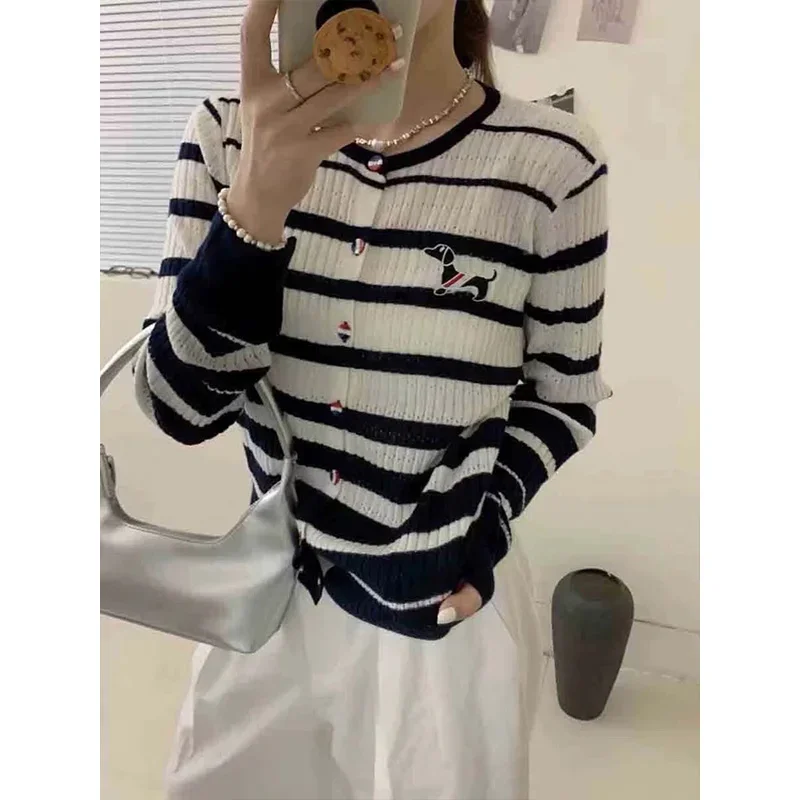 Women Clothing Striped Fashion Y2k Sweaters Cartoon Embroidery Vintage Knitted Cardigan Autumn Winter Elasticity Knitwear