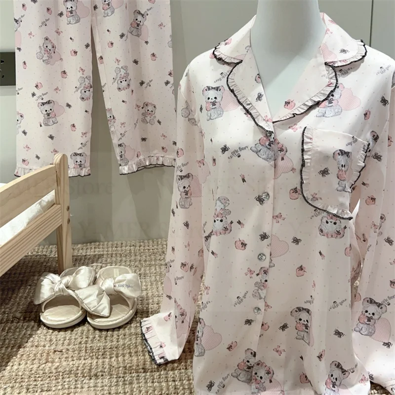

Satin Pajamas Set Women's Sleepwear Kawaii Cartoon Bear Princess Homewear Summer Autumn Nightwear Elastic Waist Trousers Suit