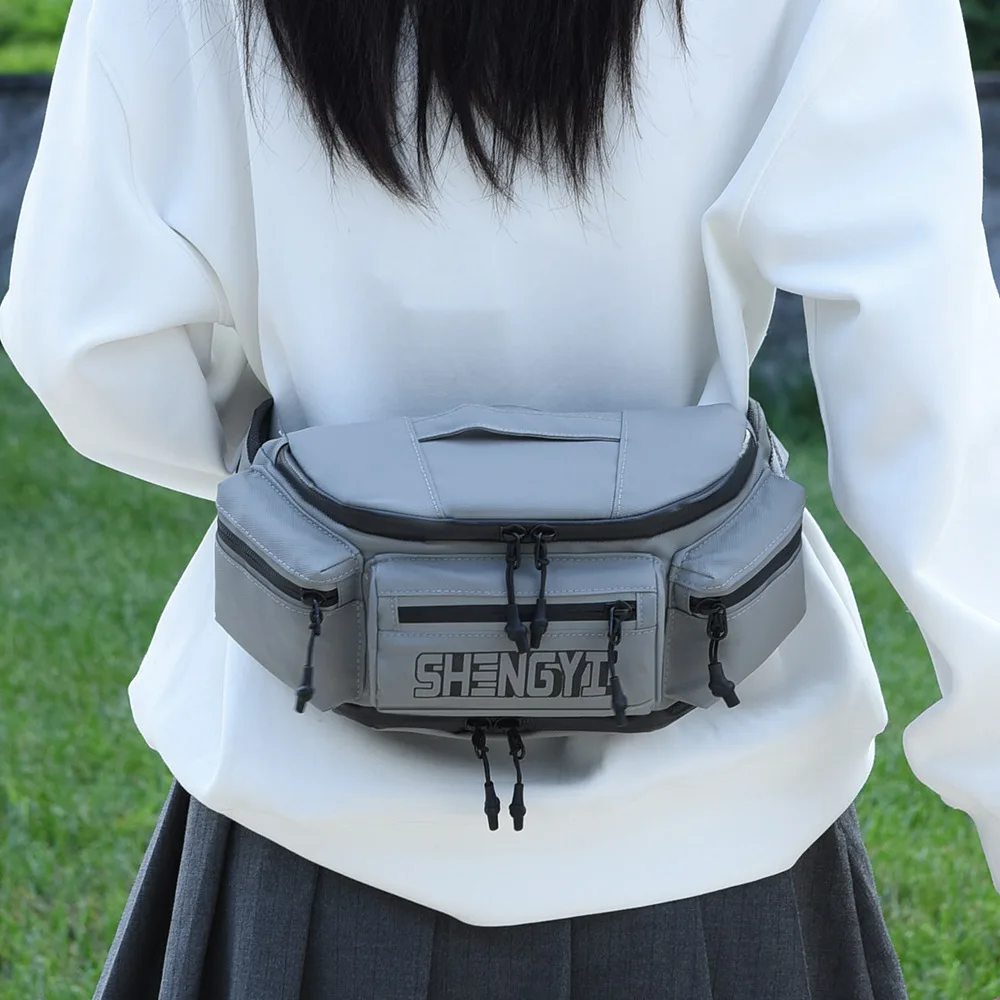 Reflective Motorcycle Waist Bag Nylon Waterproof Lightweight Sling Pack with Expandable Zipper Pocket for Outdoor Riding Sports