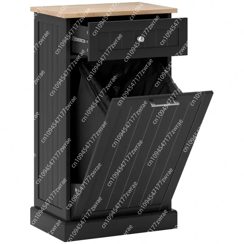 Black Free Standing Kitchen Trash Bin Cabinet With Drawer Wooden Rectangular Model D0100X350VX