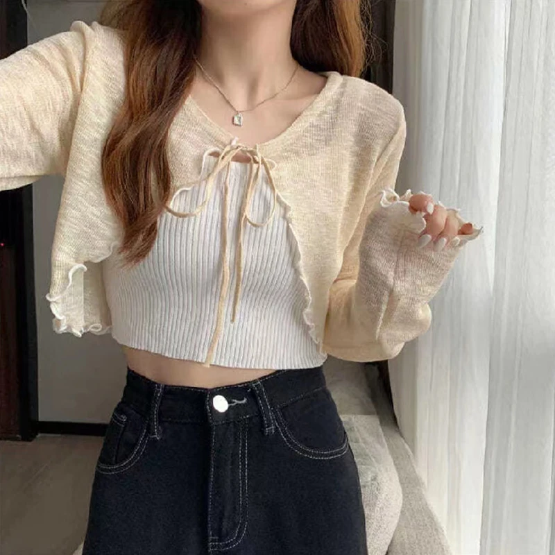 

Summer Women Thin Sunscreen Cardigan Lace-up Knitwear Tops Female Korean Style Lantern Sleeve Short Coat Casual Sun Protected