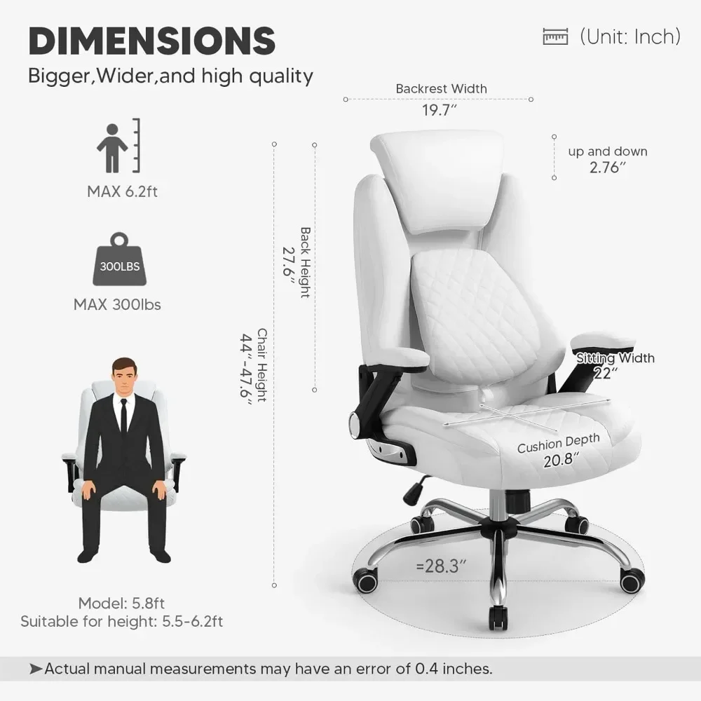 Chaise de Bureau Ergonomique en Cuir à Dossier Haut, avec Roues et Bras Rabattables, Repose-Sauna Réglable