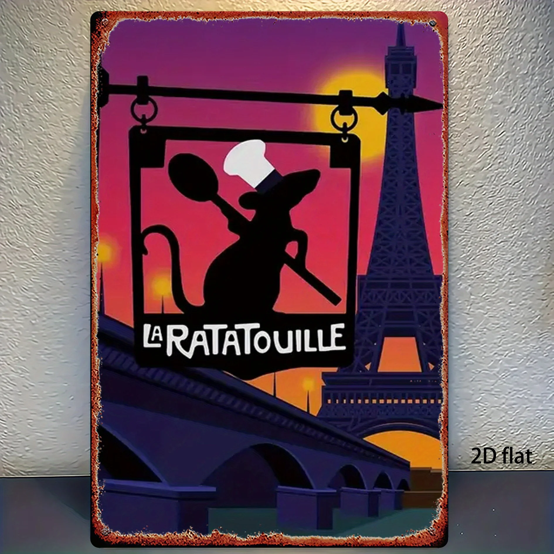 قطعة واحدة من لوحات الحائط الحديدية من ديزني "راتاتالويل" باريس - لافتة معدنية ثلاثية الأبعاد لبرج الشيف ريمي وإيفل، 20.32 × 30.48 سم ديكور منزلي ريفي مع مسبقًا