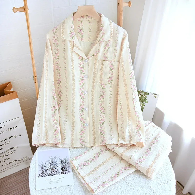 

2025 New Spring and Autumn Women's Pajama Set 100% Cotton Crepe Cute Long sleeved Pants Two piece Printed Loose Home Fury