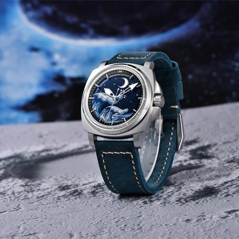 PD-YS014 PAGANI DESIGN Men Dress Automatic Watch Japan TMI NH35A Movement Rose Gold Case Sea Wave Moon Star Dial Leather Strap