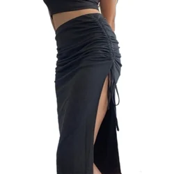 Saia de lápis longa dividida, envoltório de cordão, quadril, preto, branco, vermelho, sexy, verão, novo, 2022