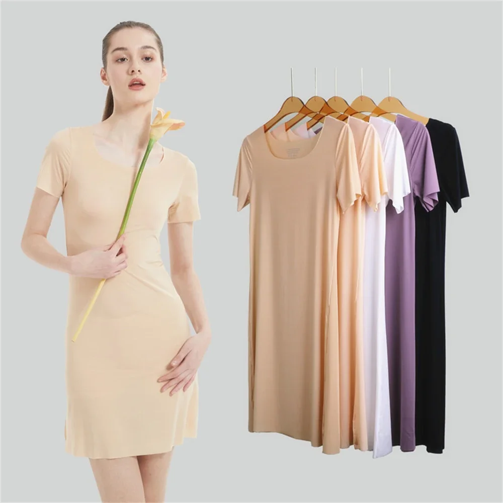 Summer Seamless Cool Silky Full Slips Dresses for Women Thin Short Sleeve Mini Cool Petticoat Underkirt Sleepwear Dress Slip