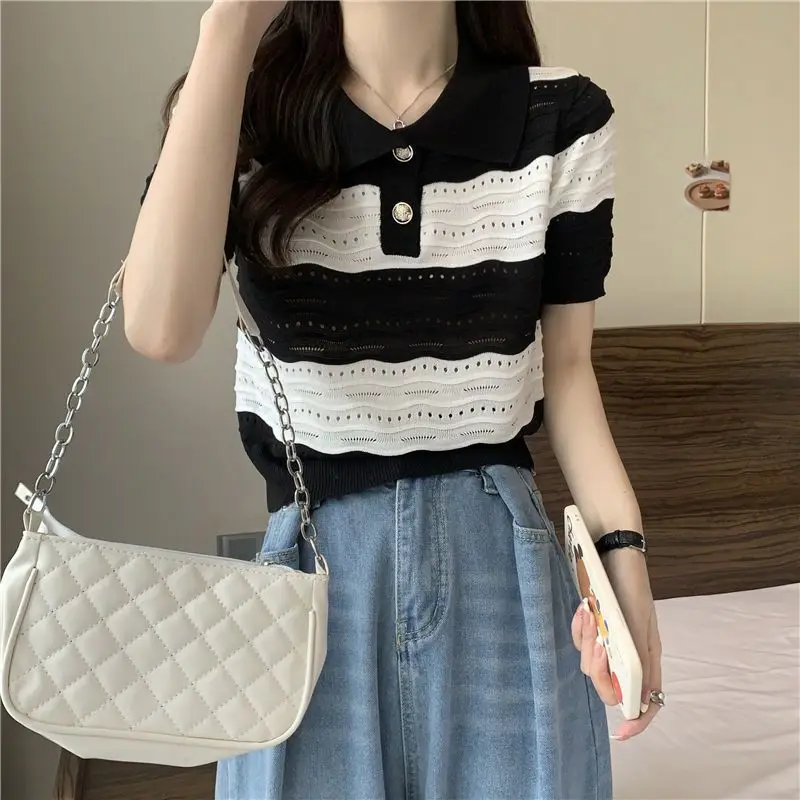 French Style Summer Women Short Sleeve T Shirt Polo-Neck Chic Hollow Out Striped Urbane Casual Crop Top Women Clothes