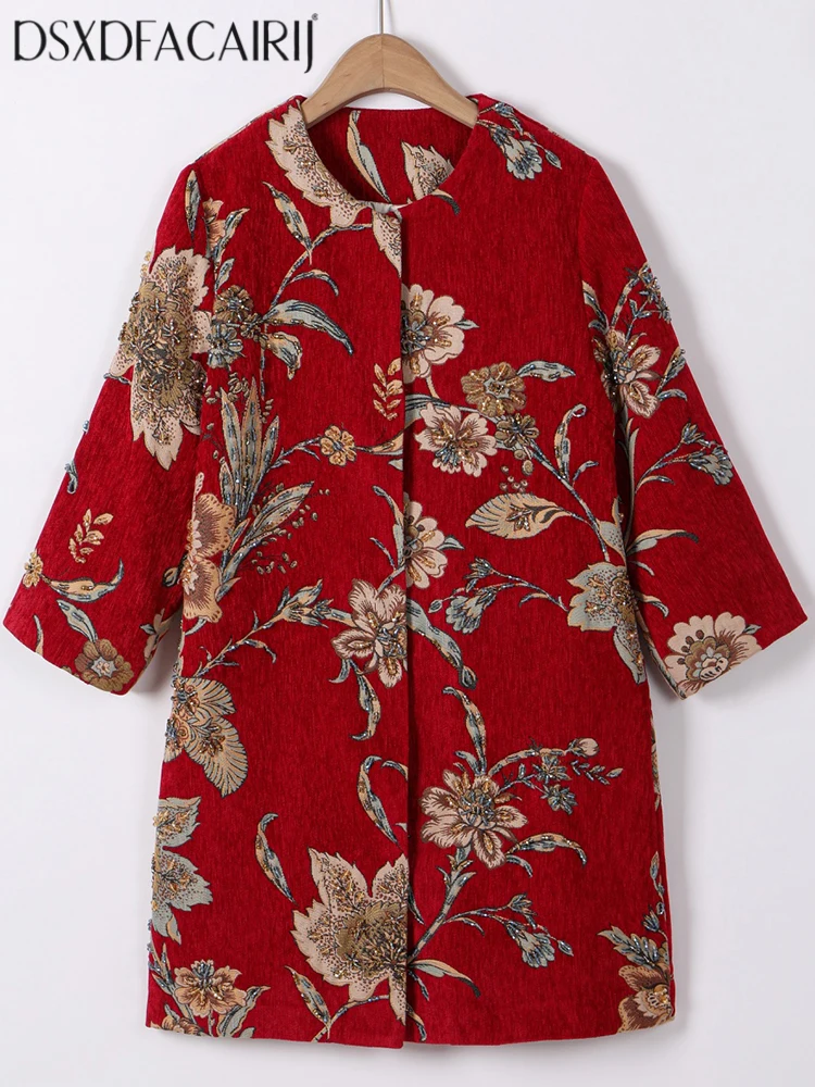 

DSFACAIRIJ женское винтажное жаккардовое пальто с круглым вырезом и скрытыми пуговицами 4/3, красная верхняя одежда с рукавами и бисером для осенней моды