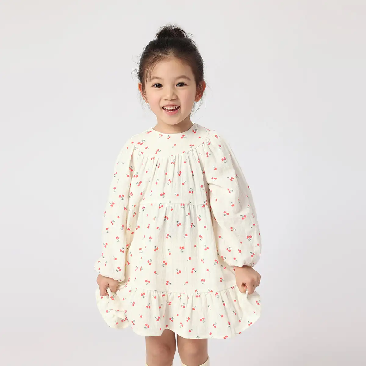 MARC&JANIE Girls Spring Pastoral Style Cherry Print Loose Dresses Spring Autumn Casual Baby Girls Dress 230156