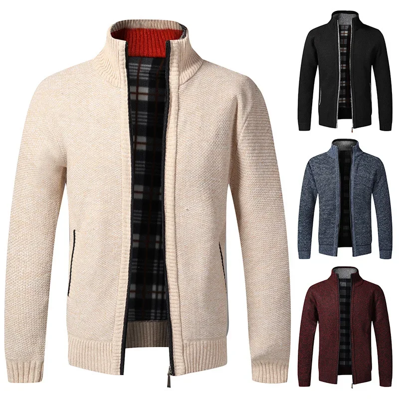 Autumn Winter 2026 New Fashion Men's Plus Size Long Sleeve Zipper Stand Collar Knitted Casual Trendy Cardigans Coat Male Clothes