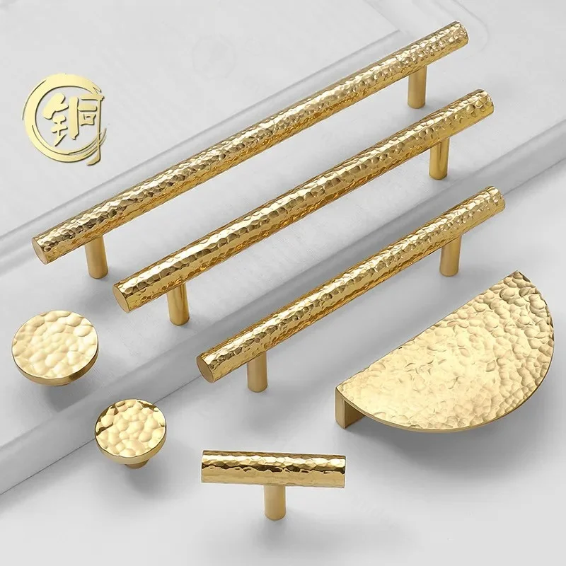 French Light Luxury Solid Brass Handle Bright Gold Handmade Hammered Copper Knob for Cabinet Coffee Table TV Wardrobe Door