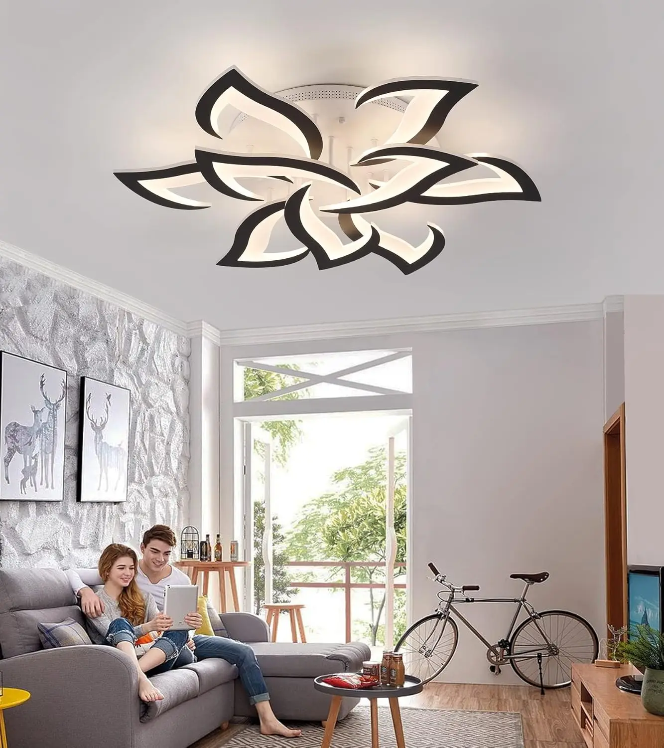 Ceiling Light Fixture Modern Black Led Flower Light Fixtures Ceiling Mount With Remote Control For Living Room, Bedroom,