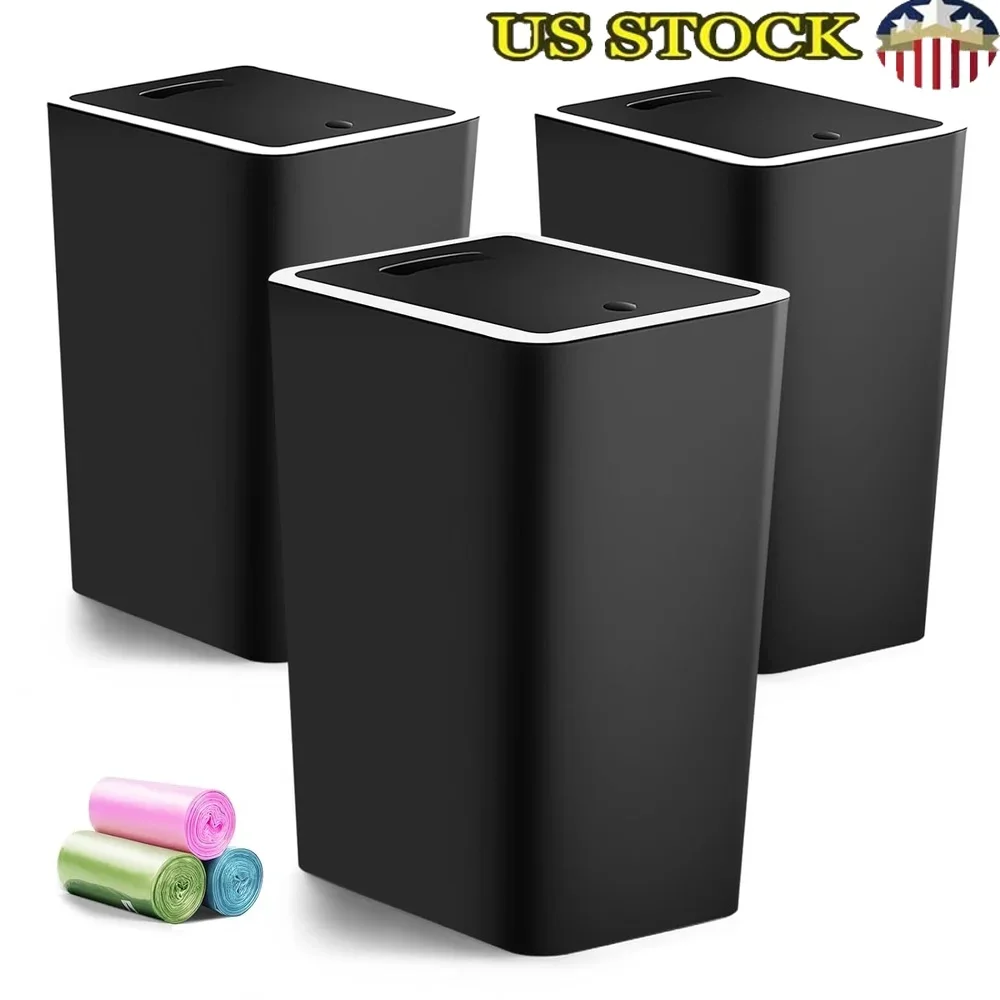Kleiner Mülleimer, 4 Gallonen, Druckplatte, Mülleimer mit Deckel, 3er-Pack, robuster Kunststoff-Abfallkorb für den Innenbereich, Badezimmer, Küche, Büro